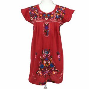 Taxi CDC Mexican Embroidered Floral Dress Red